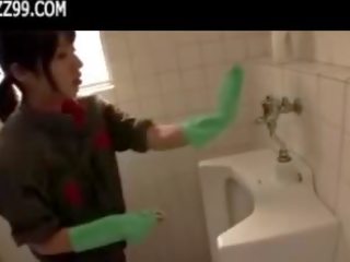 Mosaic: attractive cleaner gives geek blowjob in lavatory 01